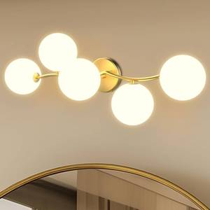 lot 3627 image: 5-Light Bathroom Vanity Light, Bathroom Lighting Fixtures Over Mirror with Milk White Glass Shades, Modern Brass Gold Vanity Lights Dimmable Wall Sconce Wall Mount for Stairway, Bedroom, Hallway - Retail $95