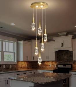 lot 3641 image: 6-Lights Adjustable Pendant Lights for Kitchen Island LED Dimmable Light Fixture Modern Glam Crystal Hanging Lighting for Dining Room Bedroom Antique Gold - Retail $179