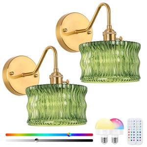 Rnzziw Vintage Battery Operated Wall Sconce Set of 2, Wireless Wall Sconces with Green Ripple Glass Lampshade Rechargeable,Wall Lights with 12 Colors RGB for Bedroom, Living Room (Green Ripple) - Retail: $80