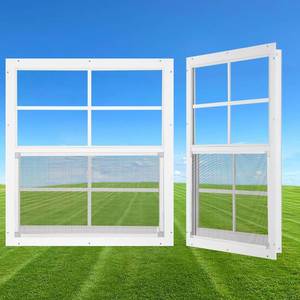 lot 3651 image: Handersun 24 x 27 Shed Windows 2 Pack, Small Sliding Window with Tempered Glass & Metal Mesh Screen, Flush Mount Windows for Shed Chicken Coop Barn Household Garage Basement Cabin Playhouse - Retail $92