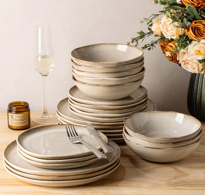 lot 3655 image: GBHOME Stoneware Dinnerware Sets for 8, 24 Pieces Rustic Ceramic Plates and Bowls Set, Handmade Reactive Glaze Plate Sets, Highly Chip Resistant Dishes, Microwave & Dishwasher Safe, Oatmeal Linen - Retail $150