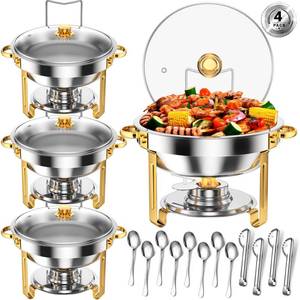 Keyoxy Round Chafing Dishes for Buffet 5 Qt,High Grade Chafing Dish Buffet Set with Glass Lid & Lid Holder,Full Size Pan,Food Warmers for Parties,Buffet,Wedding, Birthday 4 Pack (Half Gold) - Retail: $120