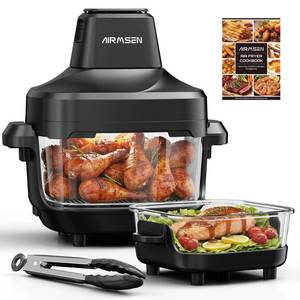 lot 3657 image: AIRMSEN Potable Glass Air Fryer Non-Toxic, 4.8QT &amp 1.3QT, 4 Presets &amp Manual Control, 140-450 degrees Precise Heat, 95% Less Oil, Auto-Pause &amp Resume, Microwave &amp Dishwasher Safe - Retail $130