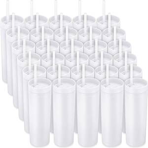 lot 3659 image: Potchen 30 Pcs Skinny Tumbler with Lid and Straw, 16 oz Matte Acrylic Tumbler Insulated Double Wall Plastic Reusable Cups Vinyl Customized DIY Gifts for Parties, Birthday, Home, Office (White) - Retail $91