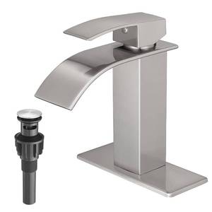 lot 57046 image: Waterfall Bathroom Faucets Brushed Nickel Modern Single Handle Sink Faucet for 1 or 3 Holes with Deck Plate and Pop-Up Drain, Rv Sink Camper Farmhouse Faucet - Retail $25
