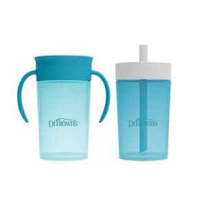 lot 57065 image: Dr. Browns 10 oz Milestones Straw to 360° Cup Set, with Interchangeable Silicone Straw - Aqua Blue - 2pk - Retail $10