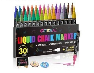 lot 57111 image: Chalk Markers,Fine Tip Liquid Chalk Markers for Blackboard Chalkboard Calendar Glass Neon Pens, Washable Window markers Paint and Drawing for Car, Auto, Bistro,Mirror Wet Erase 30 Colors - Retail $26
