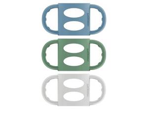 lot 57115 image: Dr. Browns Narrow Baby Bottle Handles, 100% Silicone, Easy Grip Removable Handles for Bottle to Sippy Cup Transition, BlueGrayGreen, 3-Pack, 4m - Retail $8