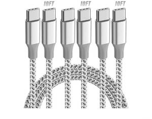 lot 57126 image: USB C Cable��3 Pack 10FT 60W Fast Charging USB C to USB C Cable, Durable Type C Charger Cable for iPhone 171615iPad MacBook CarPlay and More-Grey White - Retail $15