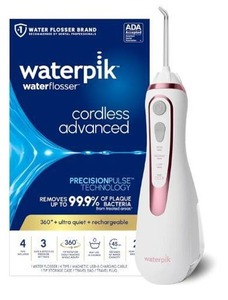 lot 57131 image: Waterpik Cordless Advanced 2.0 Water Flosser For Teeth, Gums, Braces, Dental Care With Travel Bag and 4 Tips, ADA Accepted, Rechargeable, Portable, and Waterproof, Rose Gold WP-589, Packaging May Vary - Retail $65