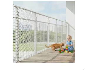 lot 57133 image: Banister Guard 18ft X 3ft Thick, Balcony Netting for Pets, Balcony Safety Net for Kids, Baby Fence Door Balcony Railing Cover with No Drilling for Apartment Railing(White) - Retail $25