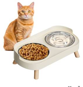 lot 57160 image: Elevated Cat Bowl, Raised Cat Food and Water Bowl Set for Indoor Cats, Splash Proof with 2 Stainless Steel Pet Food Bowls for Cats and Puppies, Whisker Fatigue and Dishwasher Safe - White - Retail $15