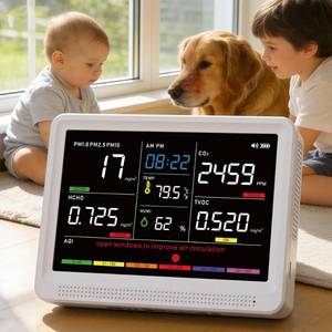 lot 57172 image: Professional 16 in 1 Air Quality Monitor Indoor 10h Battery & 5.5 Display 9 AQI7 AQI Alerts, Portable CO2 Monitor Air Quality Tester for CO2, TVOC, PM2.5 PM1.0 PM10, HCHO Temp Humidity AQI & Time - Retail $76