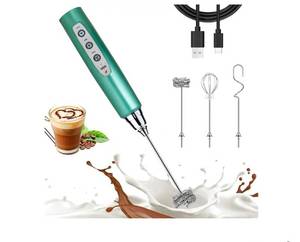 lot 57175 image: Green Milk Frother Wand for Coffee, Frother Handheld Rechargeable Electric Whisk with 3 Heads 3 Speeds Drink Mixer Coffee Frother Foam Maker For Latte, Cappuccino, Hot Chocolate, Egg - Retail $15