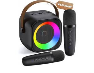 lot 57185 image: Mini Karaoke Machine, Portable Bluetooth Karaoke Speaker with 2 Wireless Microphones and Party Lights for Kids and Adults, Birthday Gifts for Girls Boys Family Home Party - Retail $25