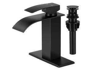 lot 57192 image: Bathroom Faucets Matte Black Waterfall Bathroom Sink Faucet Modern Single Handle Bathroom Faucet for 1 or 3 Hole Tap Washbasin Faucet with Deck, Pop-up Drain and Supply Hoses - Retail $30