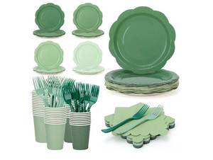 lot 57199 image: 192Pcs Green Plates and Napkins Party Supplies, 9 Disposable Green Paper Plate, Gradient Green Party Decorations Tableware Set for Birthday, Baby Shower, St Patricks, Wedding, Serves 48 - Retail $25