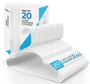 lot 57201 image: Plastic Hangers 20 Pack, White Clothes Hangers for Closet Organization and Storage Space-Saving Design, Kids & Adult Coat Hangers - Retail $13