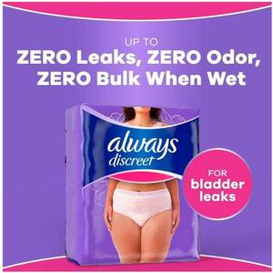 lot 57218 image: Always Discreet Adult Diapers for Women, Incontinence Underwear, Postpartum Essentials, Disposable Briefs, Max Absorbency, Bladder Leak Protection, SmallMedium, 28 Count. - Retail $20