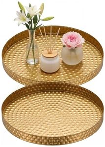 lot 57220 image: 2 Pcs Gold Round Serving Tray 11 Inch Hammered Decorative Iron Tray Kitchen Accessories Plate Vanity Plate Jewelry Dish Key Bowl for Home Decor Bathroom Candle Perfume Countertop - Retail $33