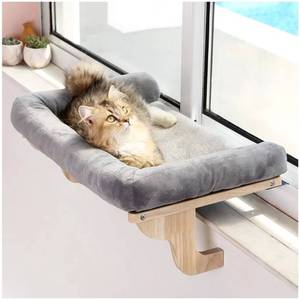 lot 57223 image: Cat Perch for Window Sill with Bolster - Orthopedic Hammock Design with Premium Hardwood & Robust Metal Frame - Cat Window Seat - Retail $33