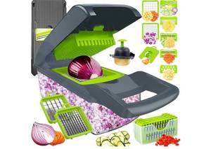 lot 57224 image: Vegetable Chopper Dicer with Container  Cheese Grater Mandoline Slicer Cabbage Shredder French Fry Cutter Stainless Steel for Veggie Onion Potato Fruit Food, Manual - Retail $30