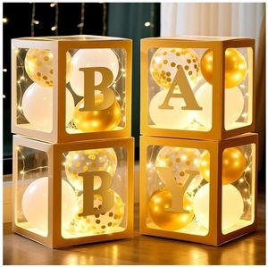 lot 57226 image: Baby Boxes with Letters for Baby Shower Decoration, 4 pcs Clear Baby Balloon Boxes Blocks with LED Fairy String Lights 38 Balloons for Boy Girl Gender Reveal Birthday Party (Gold) - Retail $24