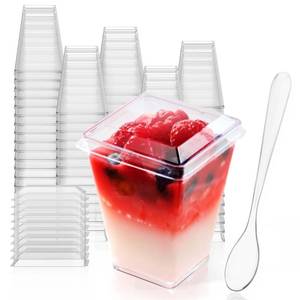 lot 57227 image: JOLLY CHEF 100 Pack 5 oz Plastic Dessert Cups with Lids and Spoons, Clear Appetizer Cups for Parties, Disposable Square Dessert Shooter for Pudding Fruit Ice Cream. COUNT UNKNOWN. - Retail $24