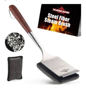 lot 57233 image: Bristle-Free Steam Cleaning Grill Brush Kit Luxurious Long Rosewood Handle, Includes 1 Replacement Head Safe BBQ Grill Cleaning for Outdoor Grill  - Retail $33