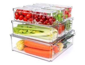 lot 57237 image: 10 Pack Refrigerator Pantry Organizer Bins, Stackable Fridge Organizer Bins with Lids, Clear Plastic Food Storage Bins for Kitchen, Countertops, Cabinets, Fridge, Drinks, Fruits, Vegetable, Cereals - Retail $27