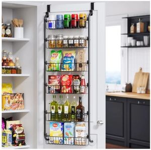 lot 57242 image: Over the Door Pantry Organizer, 6-Tier Metal Pantry Door Organization and Storage, Hanging Kitchen Basket Spice Rack Seasoning Shelves, Cabinet Door Organizer for Easy Install,D5xW18xH50inch - Retail $33