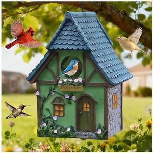 lot 57247 image: Bird Houses for Outside Cottage Garden Birdhouse Green Resin Birdhouses for Outdoors with Flower and Stone Details for Bluebird Finches Cardinals Bird Nesting Garden, Patio, Yard - Retail $25