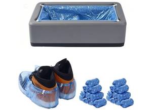 lot 57249 image: Automatic Shoe Cover Dispenser with 200 Pcs Disposable Shoe Covers, Booties for Portable Machine Fits Size Up to 11 US men or women and up for Home, Factory - Retail $39