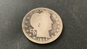 lot 2 image: 1894-O Barber Quarter Dollar Silver Coin 90% Silver