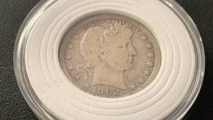 lot 4 image: 1902 Barber Quarter Dollar Silver Coin 90% Silver Collectors Choice in protective case