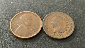 lot 15 image: Set of 2 Pennies - 1916 Lincoln Wheat Penny and 1903 Indian Head Penny