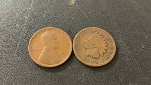 lot 16 image: Set of 2 Pennies - 1913 Lincoln Wheat Penny and 1902 Indian Head Penny