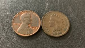 lot 17 image: Set of 2 Pennies - 1958-D Lincoln Wheat Penny and 1906 Indian Head Penny
