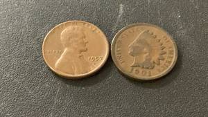 lot 20 image: Set of 2 Pennies - 1957-D Lincoln Wheat Penny and 1901 Indian Head Penny