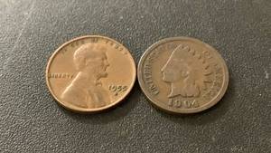 lot 21 image: Set of 2 Pennies - 1955-D Lincoln Wheat Penny and 1904 Indian Head Penny