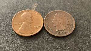lot 42 image: Set of 2 Pennies - 1945-S Lincoln Wheat Penny and 1903 Indian Head Penny
