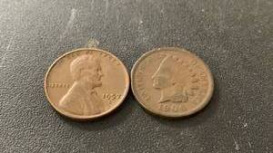 lot 44 image: Set of 2 Pennies - 1957-D Lincoln Wheat Penny and 1906 Indian Head Penny