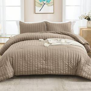 lot 19588 image: AveLom Taupe Seersucker King Comforter Set (104x90 inches), 3 Pieces-100% Soft Washed Microfiber Lightweight Comforter with 2 Pillowcases, All Season Down Alternative Comforter Set for Bedding - Retail $50