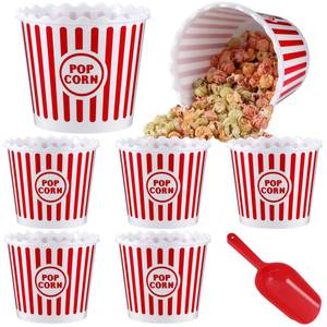 lot 19591 image: Roshtia 4 Pieces Plastic Popcorn Containers Reusable Buckets 75 oz Popcorn Boxes Bowl with Scoop Retro Style Red Plastic Scoop Set for Movie Theater Night(Stripe) - Retail $33