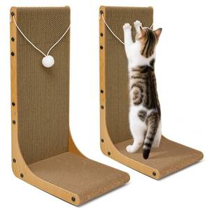 lot 19593 image: Markarbarka Value 2-Pack 23.6 Inch L-Shaped Cardboard Cat Scratcher, Dual Use (VertHoriz) Scratch Pad with Toy Balls, Wall-Mountable Furniture Protector Cat Scratchers for Indoor Cats - Retail $26