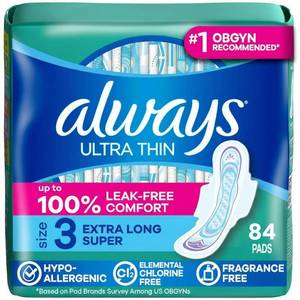 lot 19603 image: Always Ultra Thin Feminine Pads with Wings for Women, Size 3, Extra Long Super Absorbency, Unscented, Up to 100% Leak-Free Protection, 84 Count Total - Retail $19