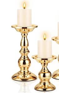 lot 19613 image: Ferrochef 2 Sets Gold Pillar Candle Holders Metal Candle Holders for Pillar Candles, LED Flameless Candles 5.31, 6.50, 8.46 Inch Tall for Table Centerpiece, Fireplace Decor - Retail $30