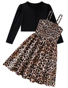 lot 19615 image: RAISEVERN Dresses for Girls Black Leopard Spots Dress Cardigan Set Picture Day Outfit Size 11-12 - Retail $25