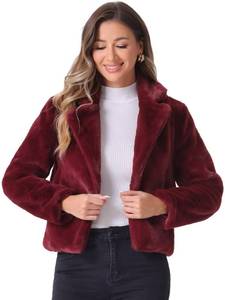 lot 19633 image: Allegra K Womens Cropped Faux Fur Jacket Lapel Cardigan Shrug 2024 Winter Fluffy Faux Fur Coat Medium Burgundy - Retail $54