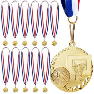 lot 19643 image: Juvale Basketball Medals for Kids & Adults - 12-Pack, 2 Gold Zinc Alloy & 15.5 - Red, White & Blue Ribbon - Medals for Awards - Retail $16